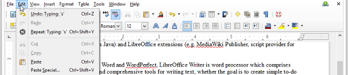 Showing the LibreOffice Writer edit menu